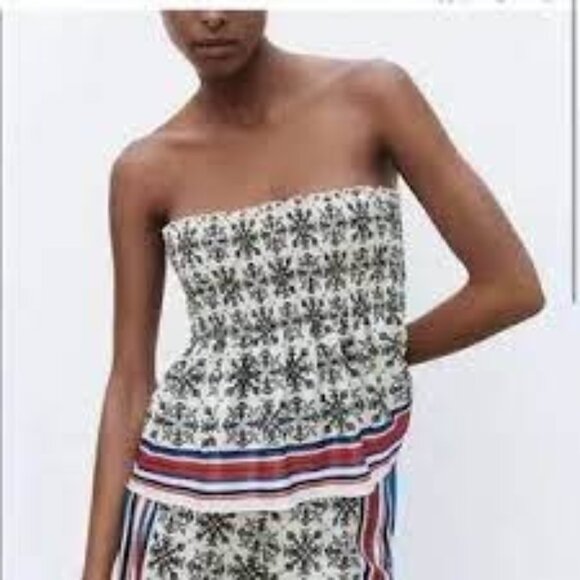 Zara Women Size L Smocked Floral Strapless Peplum Top With Striped Hem - Picture 1 of 6